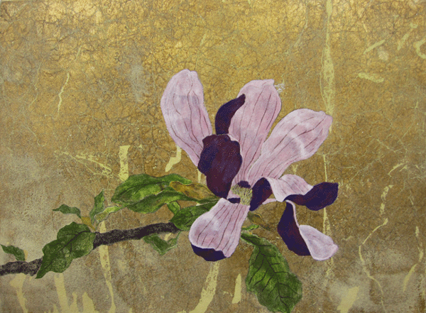 WakamatsuMeiが2014年に制作した紫の木蓮を描いた日本画の作品。タイトルは『花ひらく』