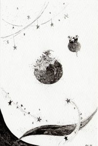 WakamatsuMeiが描いた「小さな空想絵画」シリーズの１つ、『星が降る』というペン画の作品。