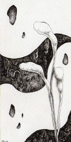 WakamatsuMeiが描いた「小さな空想絵画」シリーズの１つ、『虚』というペン画の作品。