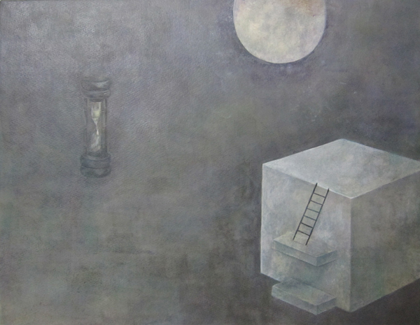 WakamatsuMeiが2016年に制作した月と砂時計と謎の建造物を描いたアクリル画の作品。タイトルは『月の都』