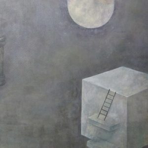 WakamatsuMeiが2016年に制作した『月の都』という作品の謎の建造物と月の描かれた部分のアップ