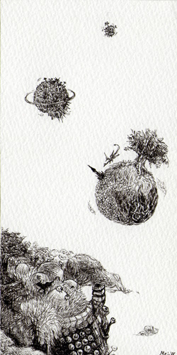 WakamatsuMeiが描いた「小さな空想絵画」シリーズの１つ、『惑星探訪』というペン画の作品。